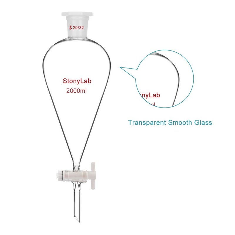stonylab Borosilicate Glass 2000 ml Heavy Wall Conical Separatory Funnel with 29/32 Joints and PTFE Stopcock, 2000 ml - Image 5