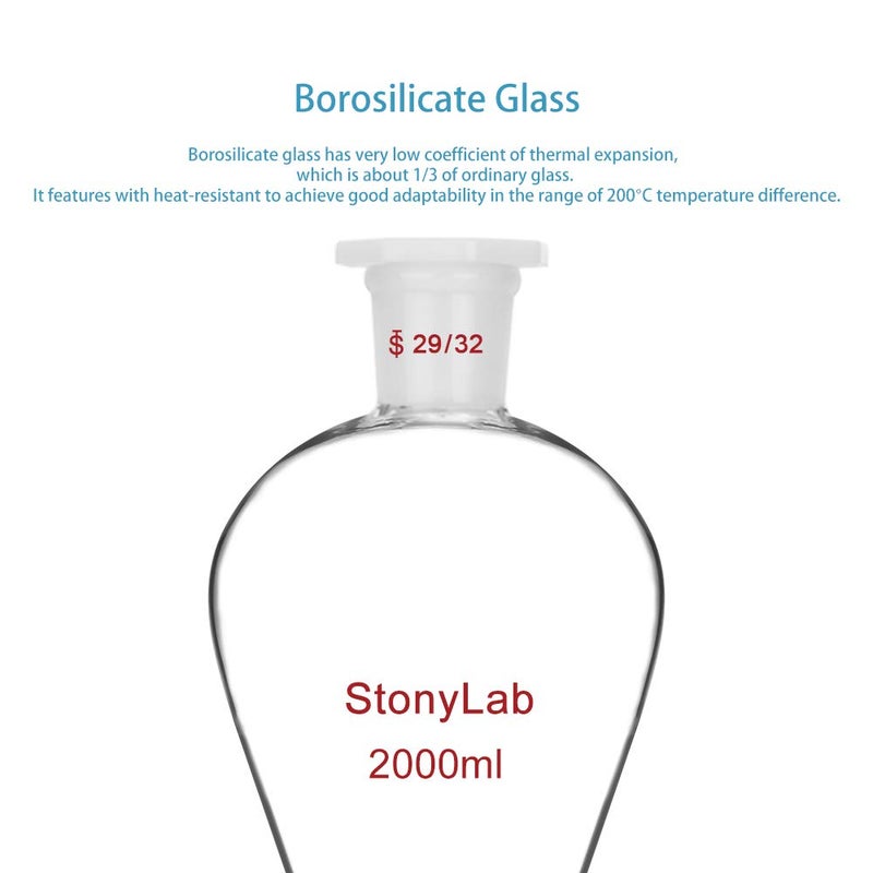stonylab Borosilicate Glass 2000 ml Heavy Wall Conical Separatory Funnel with 29/32 Joints and PTFE Stopcock, 2000 ml - Image 4