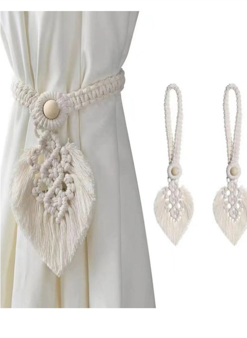 Kutis 2-Piece Bohemian Home Decor Drapery Tiebacks Curtain Hooks Cotton And Linen White  - Image 1