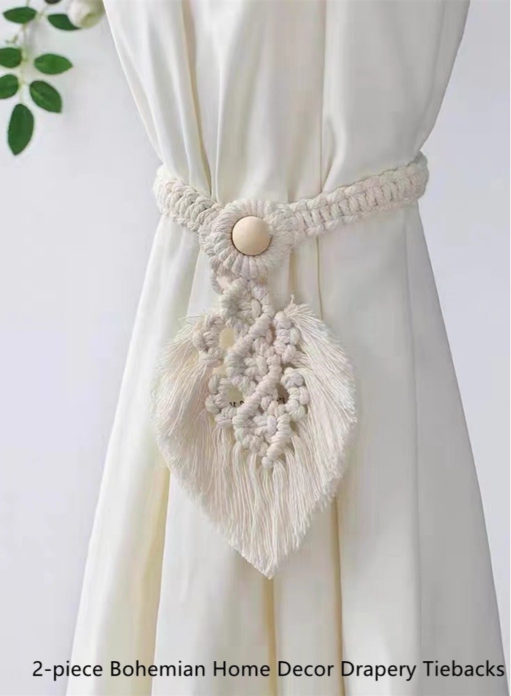 Kutis 2-Piece Bohemian Home Decor Drapery Tiebacks Curtain Hooks Cotton And Linen White  - Image 2