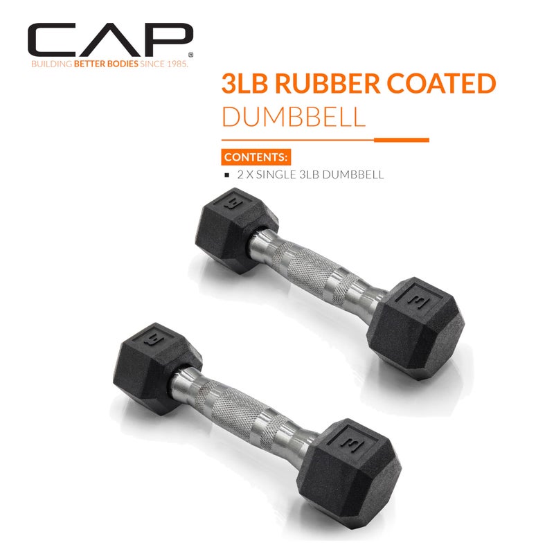 CAP 3 LB Rubber Coated Hex Dumbbell Hand Weight - Pair | Chrome Handle - Image 2