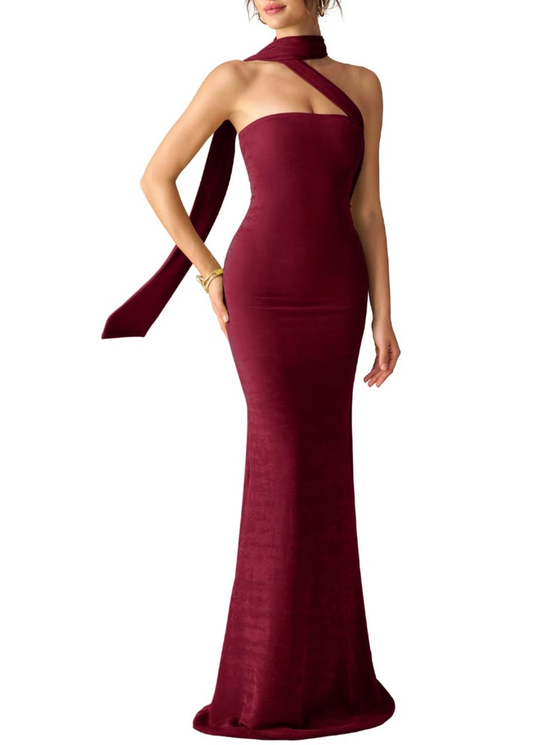 ShawGobow Strapless Dress with ScarfLong Formal Dresses for WomenElegant Cocktail Wedding Guest Outfits Burgundy Medium - Image 2