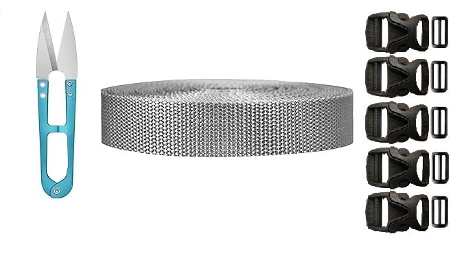 iCONY Nylon Webbing Strap 10meter roll with 5 Buckles, 5 Adjuster and 1 Thread Cutter for Backpack Repairing, Luggage Fastening Strap, Pet Collar Making, Hiking and More (Black) (Grey 1 inch) - Image 1