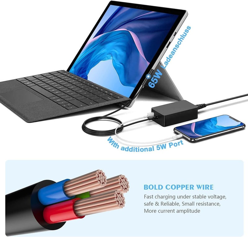 VINSOC 65W Charger 15V/4A Power Supply Compatible with Microsoft Surface Charger Laptop 4/5/6/Tablet Surface Pro 3/4/5/6/7/8/9/X/11 Surface Go Go2/3 & Surface Book Laptop Studio with USB Charging Port - Image 5