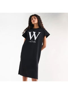 FAV Printed T-shirt Dress with Extended Short Sleeves and Slit Detail  - Image 1