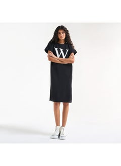 FAV Printed T-shirt Dress with Extended Short Sleeves and Slit Detail  - Image 2