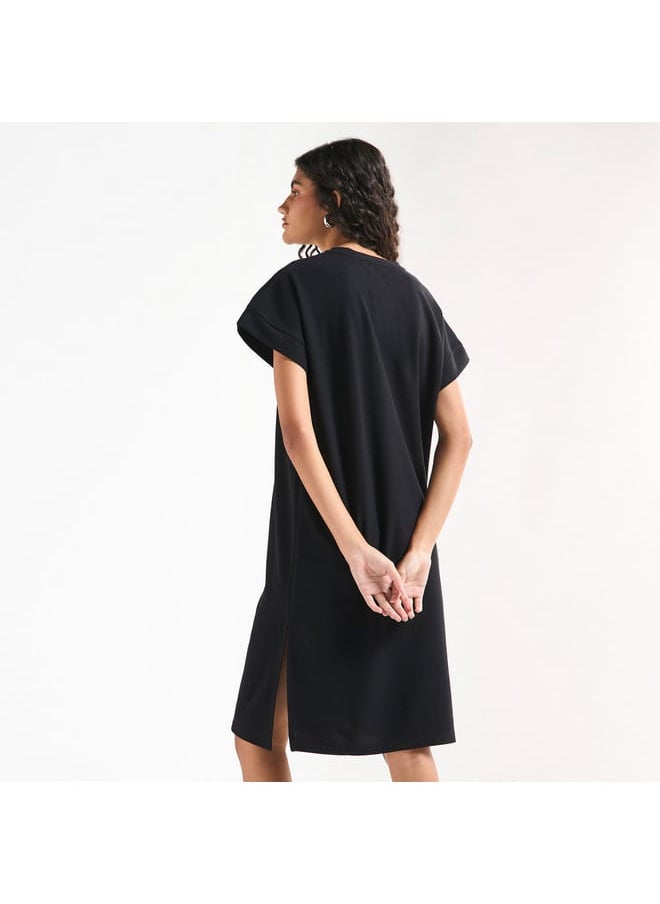 FAV - Printed T-shirt Dress with Extended Short Sleeves and Slit Detail - Image 1