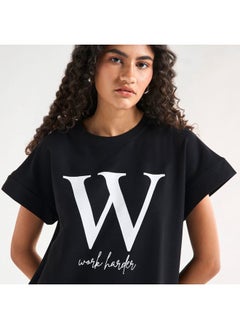 FAV Printed T-shirt Dress with Extended Short Sleeves and Slit Detail  - Image 4