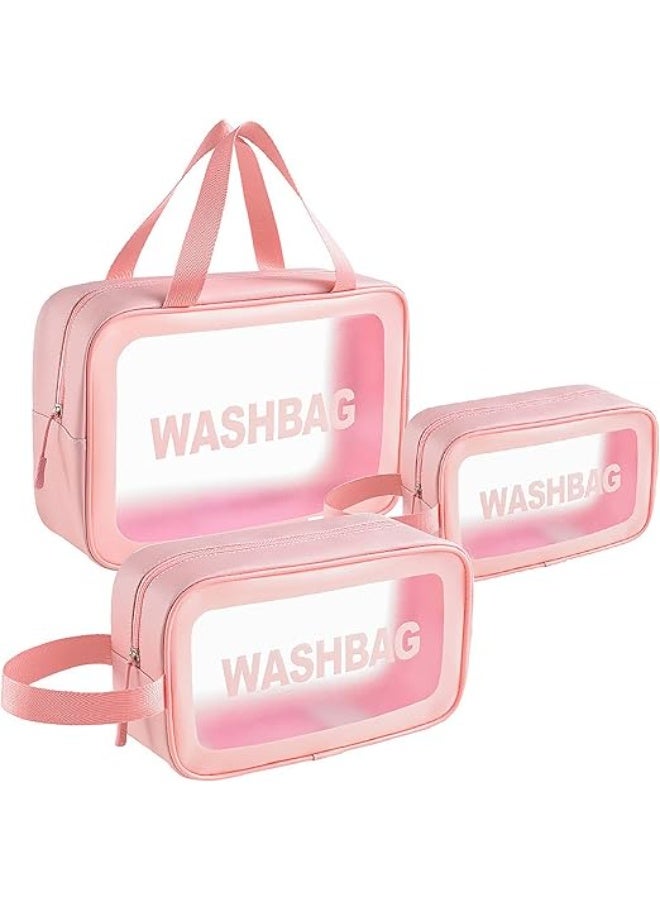طقم حقائب مكياج شفافة 3 قطع للسفر – حقائب تجميل ضد الماء من PVC مع سحّاب | منظم مستلزمات تجميل وعناية مثالي للسفر والحقائب اليومية - بينك - Image 1