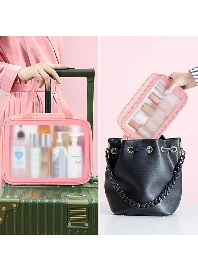 طقم حقائب مكياج شفافة 3 قطع للسفر – حقائب تجميل ضد الماء من PVC مع سحّاب | منظم مستلزمات تجميل وعناية مثالي للسفر والحقائب اليومية - بينك - Image 4