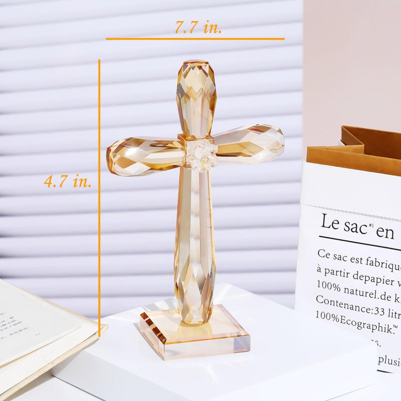 YWHL Champagne Crystal Standing Cross Figurine  Religious Gifts for Women Men  Handmade Glass Holy Easter Cross Collectible Figurines Decoration  Christian Cross for Home Office Decor - Image 4