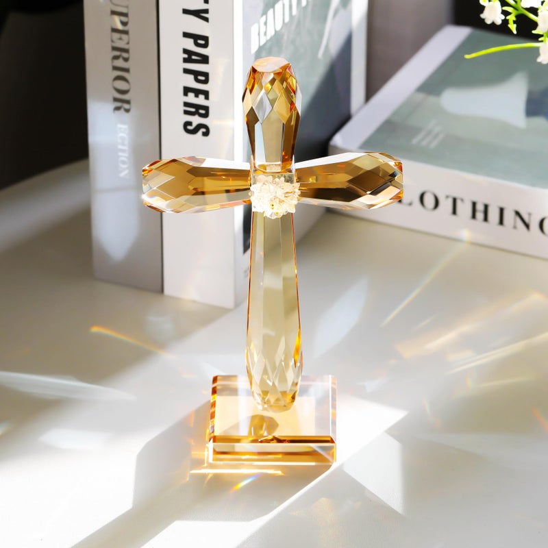 YWHL Champagne Crystal Standing Cross Figurine  Religious Gifts for Women Men  Handmade Glass Holy Easter Cross Collectible Figurines Decoration  Christian Cross for Home Office Decor - Image 2