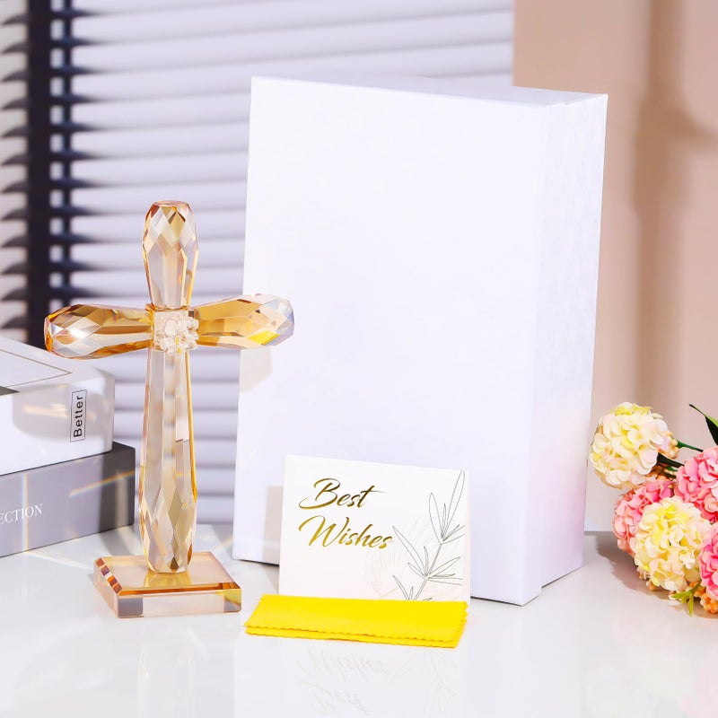 YWHL Champagne Crystal Standing Cross Figurine  Religious Gifts for Women Men  Handmade Glass Holy Easter Cross Collectible Figurines Decoration  Christian Cross for Home Office Decor - Image 5