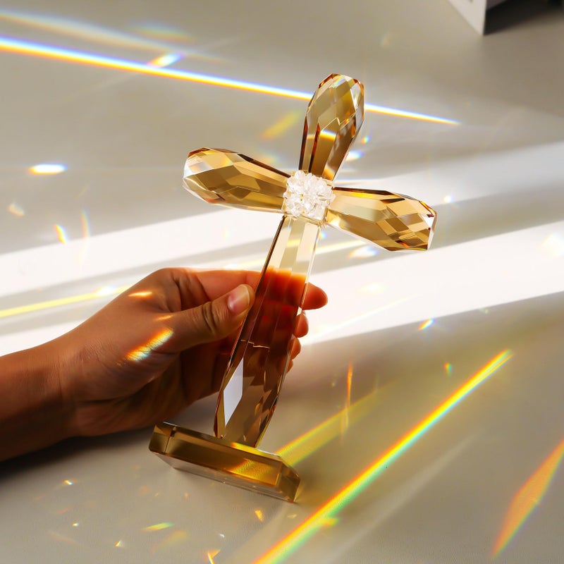 YWHL Champagne Crystal Standing Cross Figurine  Religious Gifts for Women Men  Handmade Glass Holy Easter Cross Collectible Figurines Decoration  Christian Cross for Home Office Decor - Image 3