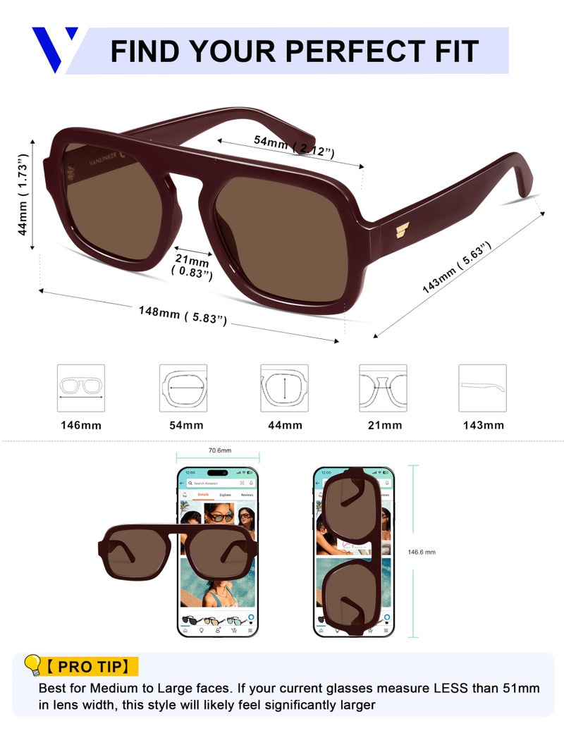 VANLINKER Oversized Retro Square Aviator Sunglasses for Women Men 70s Vintage Style Trendy Big Flat Top Sun Glasses VL9826 Burgundy, Brown - Image 5