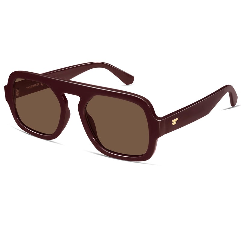 VANLINKER Oversized Retro Square Aviator Sunglasses for Women Men 70s Vintage Style Trendy Big Flat Top Sun Glasses VL9826 Burgundy, Brown - Image 1