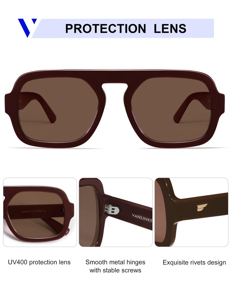 VANLINKER Oversized Retro Square Aviator Sunglasses for Women Men 70s Vintage Style Trendy Big Flat Top Sun Glasses VL9826 Burgundy, Brown - Image 4