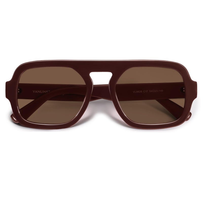 VANLINKER Oversized Retro Square Aviator Sunglasses for Women Men 70s Vintage Style Trendy Big Flat Top Sun Glasses VL9826 Burgundy, Brown - Image 3