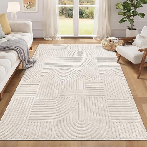Pauwer 5x7 Washable Area Rugs for Living Room Modern Beige Solid Color Soft Fluffy Rugs for Bedroom Non Slip Boho Accent Indoor Mat Floor Carpet Cover for Kids Room Dining Room Kitchen Office - Image 1
