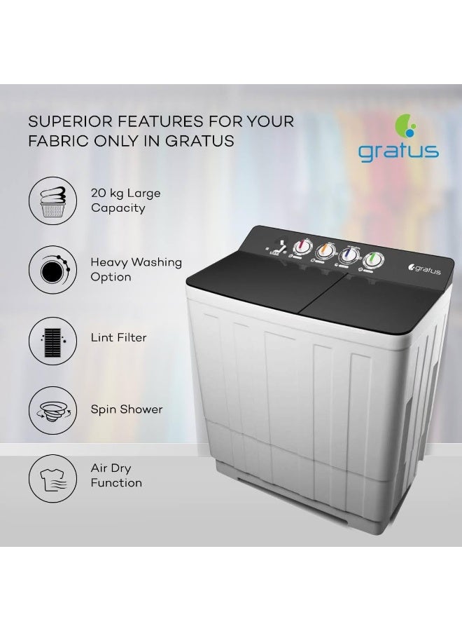 gratus 20 KG Top-Load Semi-Automatic Washing Machine – White/Transparent Black | Lint Filter & Spin-Dry | Model GSWM20KCDX1  - Image 3