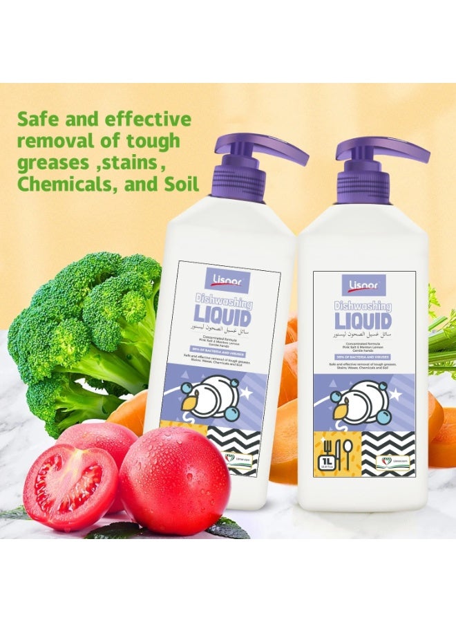 Lisnor Dishwashing Liquid, Concentrated Formula, Pink Salt & Menton Lemon 1000ML, Pack of 2 - Image 4