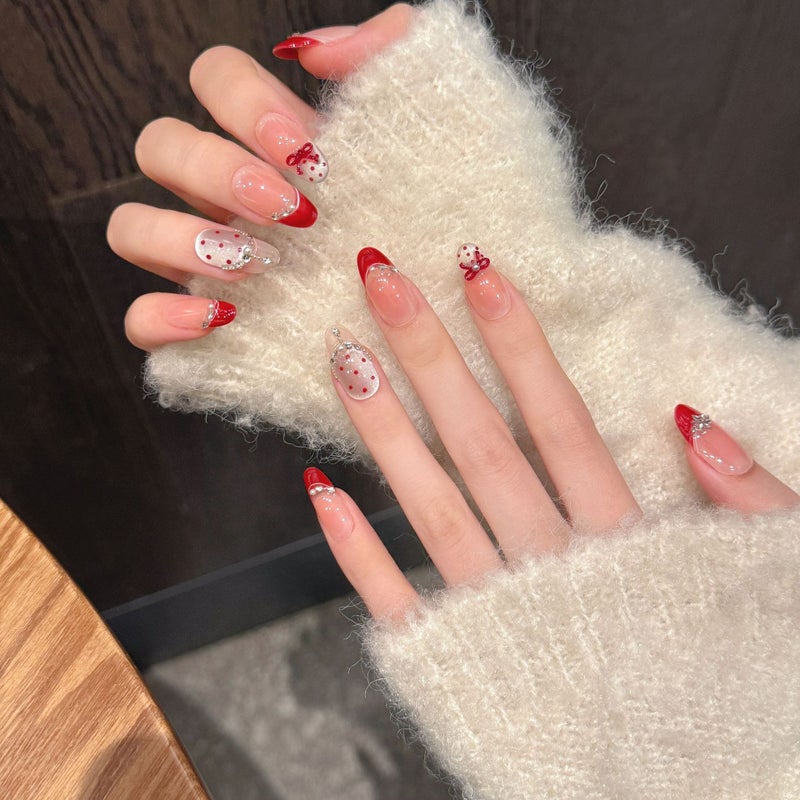 Yihe New Year Red French Style Small Fragrant Style Rich Family Thousand Gold White Cat'S Eye Zircon Diamond Short Handmade Manicure - Image 5