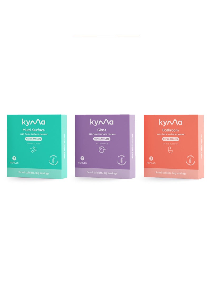 kyma Kyma Starter Kit Refill Bundle, 3 Refill Boxes, 4.5 L (Makes 3x 500ml Bottle of Multi-Surface Cleaner + 3x 500ml Bottle of Bathroom Cleaner + 3x 500ml Bottle of Glass Cleaner), Cleans Powerfully) - Image 2