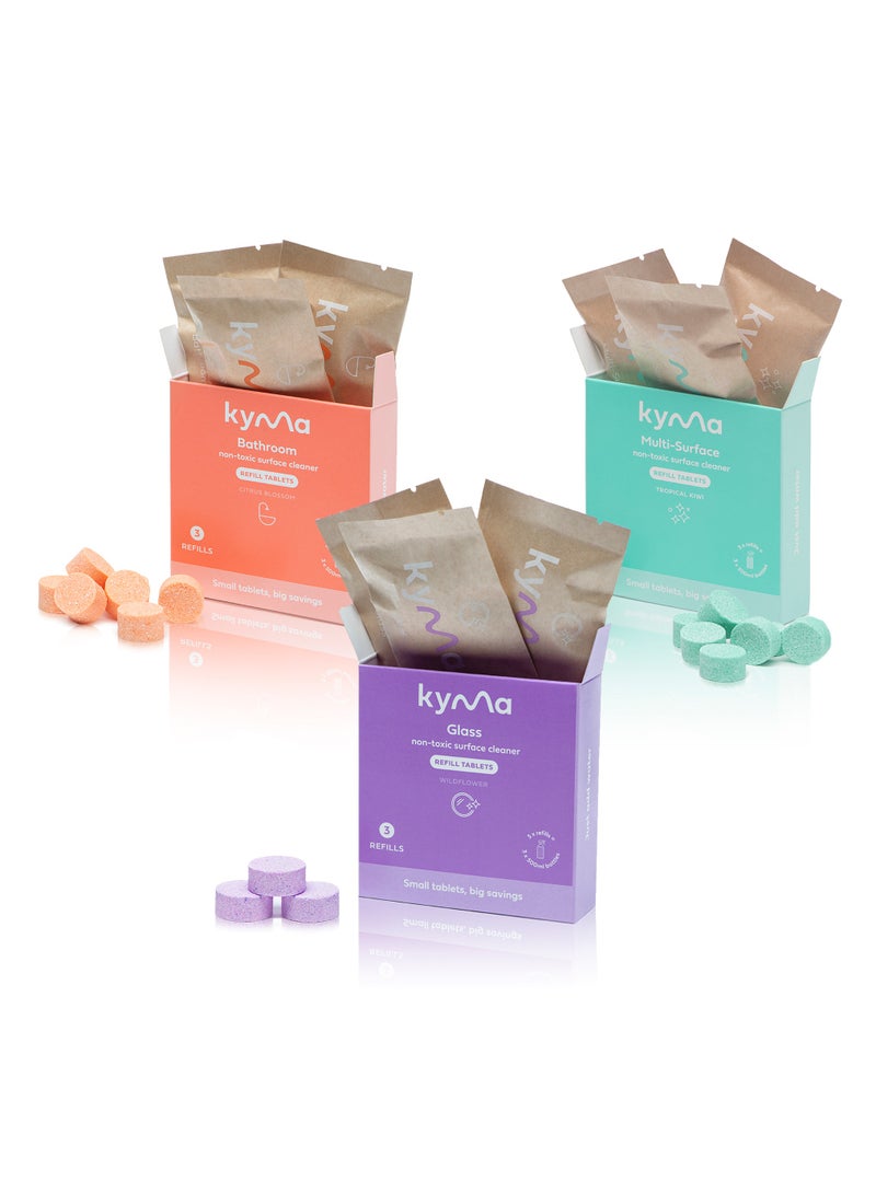kyma Kyma Starter Kit Refill Bundle, 3 Refill Boxes, 4.5 L (Makes 3x 500ml Bottle of Multi-Surface Cleaner + 3x 500ml Bottle of Bathroom Cleaner + 3x 500ml Bottle of Glass Cleaner), Cleans Powerfully) - Image 1