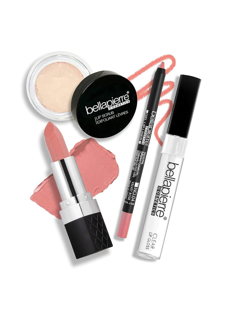 BellaPierre bellapierre Best in Pout Kit  Lip Scrub Mineral Lipstick Gel Lip Liner  Clear Lip Gloss  NonToxic and Paraben Free  Oil and Cruelty Free  Velvet Rose 