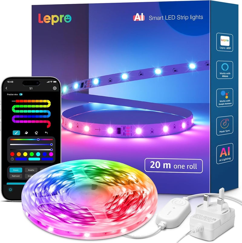 لايتنغ إيفر شريط إضاءة LED ذكي قوس قزح من Lepro S1 بطول 20 مترًا (لفة واحدة)، تحكم بالتطبيق والصوت، يعمل مع Alexa وGoogle Home، 30 لمبة/متر، مزامنة الموسيقى، مساعد تصميم الإضاءة بالذكاء الاصطناعي، أضواء LED بألوان سحرية لغرفة النوم - Image 1