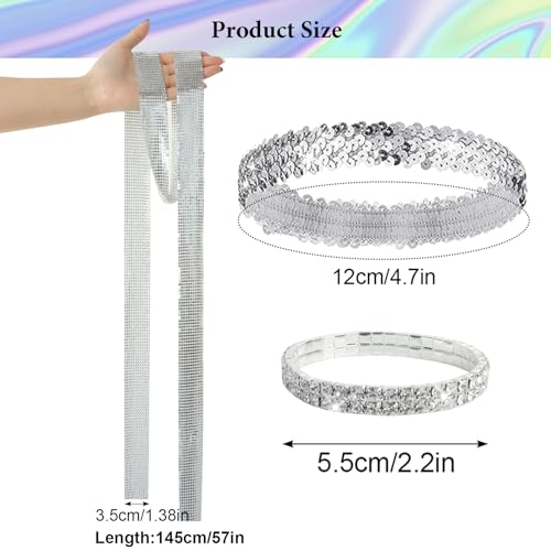 Gvhntk 6 Pcs 70s Women Disco Accessories Disco Costume Disco Sequin Scarf Headband Diamond Bracelet Ball Necklace Earring Glasses(Sliver) - Image 3