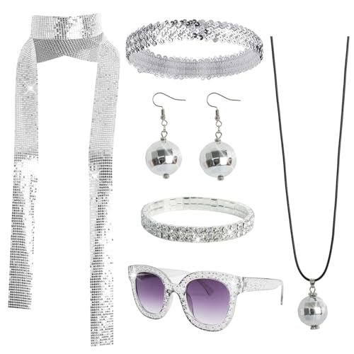 Gvhntk 6 Pcs 70s Women Disco Accessories Disco Costume Disco Sequin Scarf Headband Diamond Bracelet Ball Necklace Earring Glasses(Sliver) - Image 1