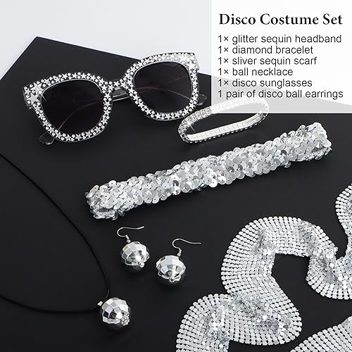 Gvhntk 6 Pcs 70s Women Disco Accessories Disco Costume Disco Sequin Scarf Headband Diamond Bracelet Ball Necklace Earring Glasses(Sliver) - Image 4