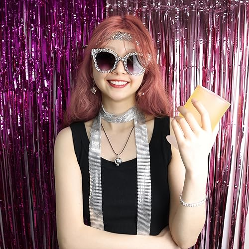 Gvhntk 6 Pcs 70s Women Disco Accessories Disco Costume Disco Sequin Scarf Headband Diamond Bracelet Ball Necklace Earring Glasses(Sliver) - Image 5