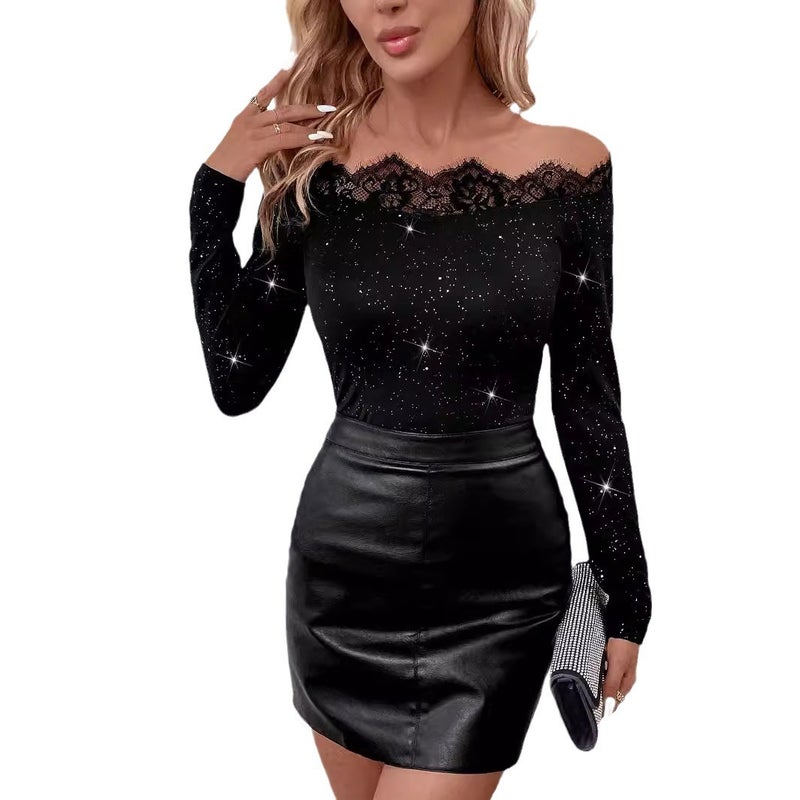 Women's Off-Shoulder Long Sleeve T-Shirt with Lace Splicing - Image 5