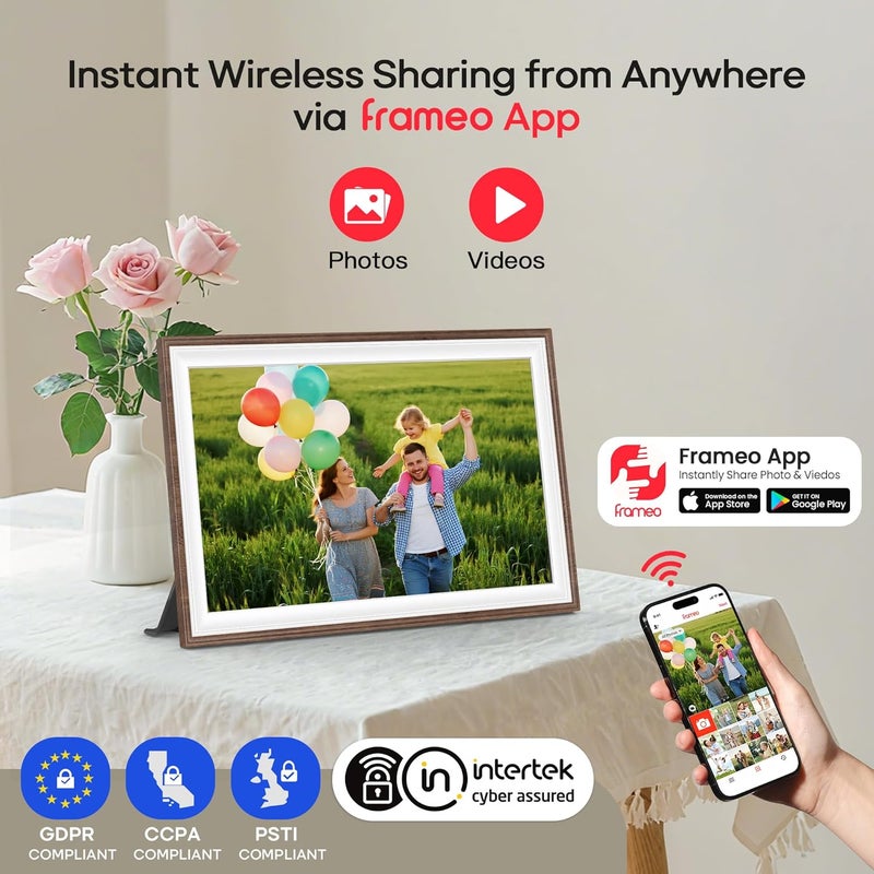BIGASUO Frameo 10.1" Wood WiFi Digital Picture Frame with 32GB Memory, 1280 x 800 IPS HD Touch Screen Electronic Photo Frame, Auto-Rotate, Slideshow, Wall Mountable, Share Photos/Video Remotely Anywhere - Image 2