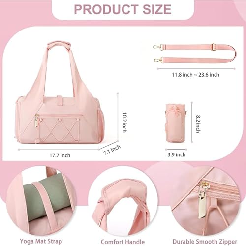 FULONEEI Gym Bag for Women Yoga Mat Bag with Shoe Compartment and Wet Pocket Sport Yoga Gym Bag with Yoga Strap Carryall Yoga Tote Bag Pink - Image 3