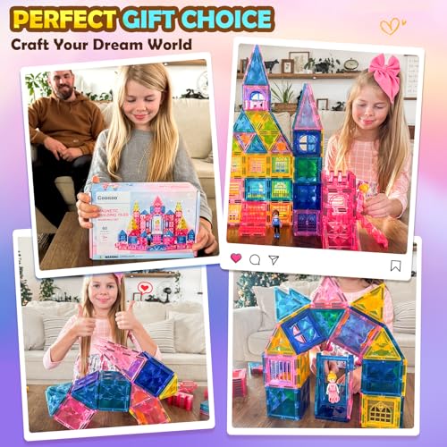 Coodoo Diamond Magnetic Tiles Magnetic Building Blocks STEM Sensory Toy for Boys Girls Pink Castle Dollhouse Pretend Princess Toys for 3 4 5 6 Year Old Girls Toys Birthday Xmas Present - Image 5