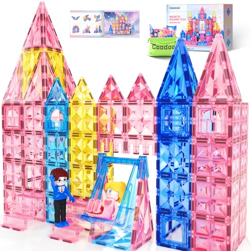 Coodoo Diamond Magnetic Tiles Magnetic Building Blocks STEM Sensory Toy for Boys Girls Pink Castle Dollhouse Pretend Princess Toys for 3 4 5 6 Year Old Girls Toys Birthday Xmas Present - Image 1