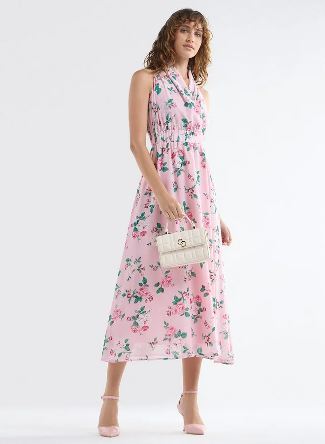 سبلاش فيڤ فستان دون أكمام بطبعات أزهار وياقة مطويّة