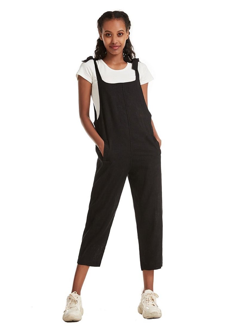 Loquat Women's Solid Color Loose suspender trousers Jumpsuit pants Black  - Image 1