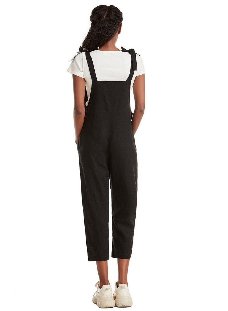 Loquat Women's Solid Color Loose suspender trousers Jumpsuit pants Black  - Image 3