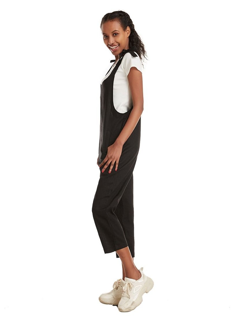 Loquat Women's Solid Color Loose suspender trousers Jumpsuit pants Black  - Image 2