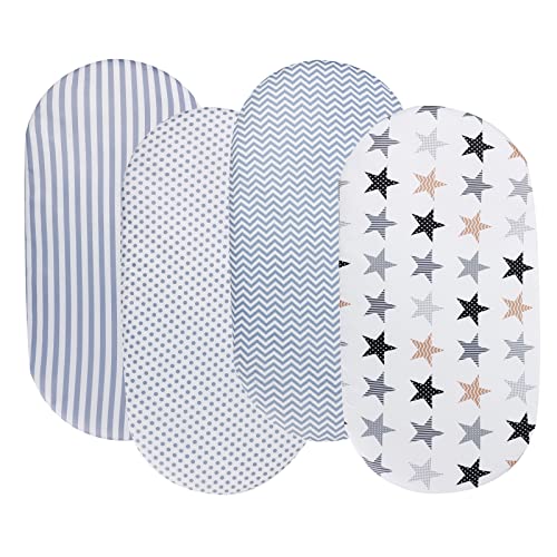Bassinet Sheets for Baby Boy and Girl Stretchy Breathable Fitted Sheet Universal for Bassinet Cradle Hourglass Oval Rectangle PadMattress 4 Pack Stripes Dots Chevrons and Stars
