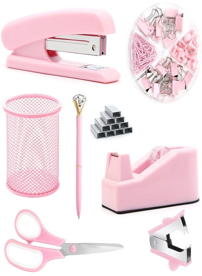 Famassi Pink Office Supplies, Pink Desk Accessories, Stapler, Staple Remover, Tape Holder, Pen Holder, Ballpoint Pen, Scissor, Binder Clips, Paper Clips and 1000pcs Staples. - Image 1