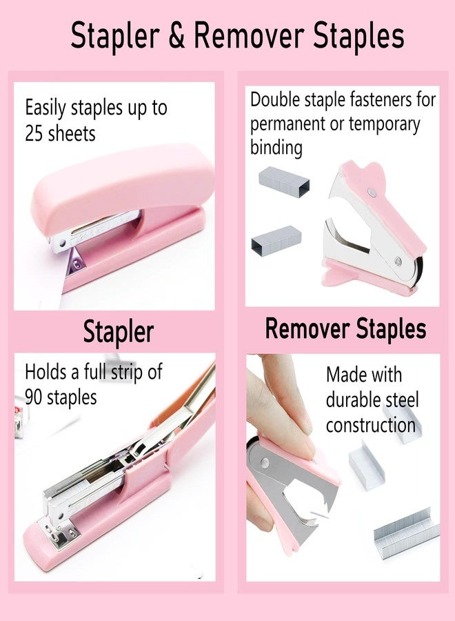 Famassi Pink Office Supplies, Pink Desk Accessories, Stapler, Staple Remover, Tape Holder, Pen Holder, Ballpoint Pen, Scissor, Binder Clips, Paper Clips and 1000pcs Staples. - Image 3
