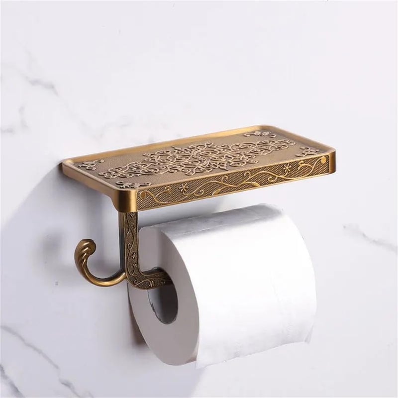 Vintage-style Wall-mounted Holder, Bathroom Paper Roll Dispenser, Toilet Paper Stand with Mobile Phone Shelf, No-drill Installation, Space Aluminum Finish - Image 4