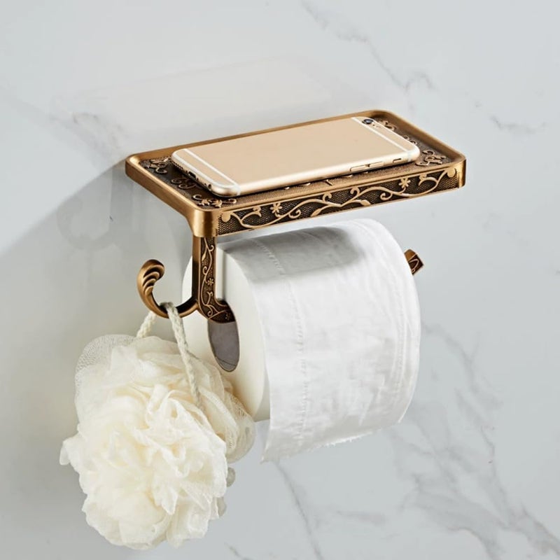 Vintage-style Wall-mounted Holder, Bathroom Paper Roll Dispenser, Toilet Paper Stand with Mobile Phone Shelf, No-drill Installation, Space Aluminum Finish - Image 1