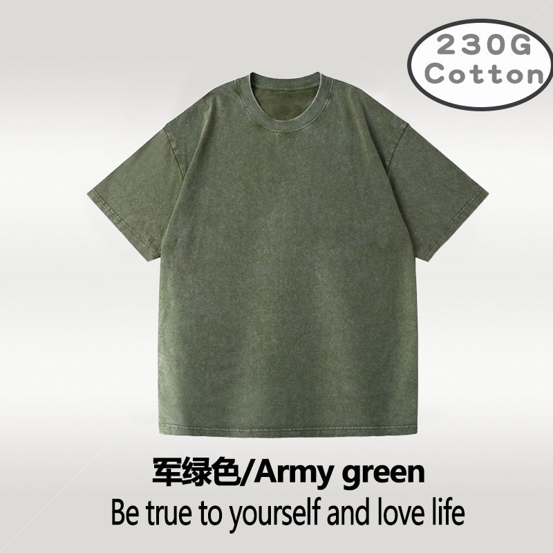 Pure Cotton Loose Washed Vintage Short-Sleeved T-Shirt Plus Size 230G Us Edition Men'S European-Size Shoulder-Drop T-Shirt - Image 1