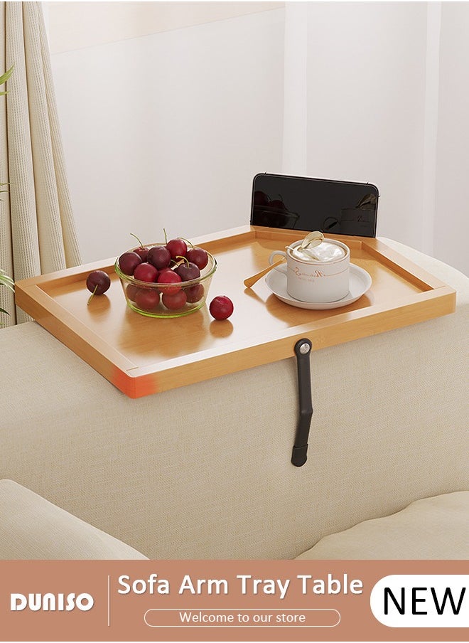 DUNISO - Bamboo Sofa Armrest Tray, Foldable Armrest Tray for Small Spaces, Portable Couch Armrest Table with Phone Holder, Sofa Tray Table Clip for Wide Couches, TV Table and Side Tables for Eating Drinks Snacks Remote Control - Image 1